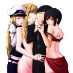  4_girls 4girls abigail_(darker_than_black) ass bare_shoulders bra brita_(darker_than_black) clothed_female_nude_female crossover darker_than_black eyeshadow female hat hazuki_mina_(darker_than_black) hugging incipient_kiss kissing long_hair looking_back makeup mina_hazuki multiple_girls nude simple_background source_request underwear xiao_jie yuri 