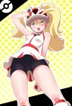 1girl :o ass bare_shoulders bicycle_helmet bike_shorts biker_clothes blonde_hair blush cameltoe erokosei fingerless_gloves from_below gloves green_eyes gym_leader helmet kinnotama_(erokosei) koruni_(pokemon) miniskirt nintendo open_mouth poke_ball pokemon pokemon_(game) pokemon_xy skin_tight skirt solo twintails two_side_up