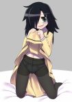  1girl bags_under_eyes black_hair black_legwear crotch_seam full_body green_eyes hair_over_one_eye high_res highres kamitsurugi_ouka kuroki_tomoko long_hair navel open_mouth panties panties_under_pantyhose pantyhose school_uniform skirt skirt_lift smile solo sweat underwear upskirt watashi_ga_motenai_no_wa_dou_kangaetemo_omaera_ga_warui! 