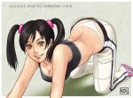  all_fours alluring azasuke high_res ling_xiaoyu namco pants sports_bra tekken tekken_4 tied_hair twin_tails 