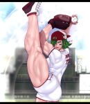  1girl avis_(strangehero) baseball baseball_cap baseball_uniform big_breasts green_hair leg_lift milf muscular_female muscular_thighs sports_uniform strangehero strong_woman suggestive tall_female thick_thighs 