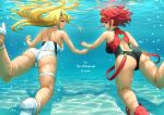 1girl 2_girls artist_name ass back bangs bare_shoulders black_one-piece_swimsuit blonde_hair breasts circlet closed_mouth clothed commission competition_swimsuit dat_ass earrings female_only high_heels high_res jewelry long_hair looking_at_viewer medium_hair multiple_girls mythra nintendo ocean one-piece_swimsuit pyra red_eyes red_footwear red_hair shouhei sideboob smile swimming swimsuit underwater white_footwear white_one-piece_swimsuit xenoblade_(series) xenoblade_chronicles_2 yellow_eyes