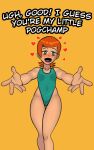 1girl ben_10 cartoon_network english_text green_eyes gwen_tennyson meme my_little_pogchamp_(meme) one-piece_swimsuit orange_hair pogchamp pov pov_eye_contact smile steca swimsuit text thelazyart