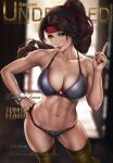  1girl abs alluring athletic_female big_breasts blurry blurry_background bra bracelet breasts brown_eyes brown_hair cleavage collarbone dandon_fuga english_text female_abs female_focus final_fantasy final_fantasy_vii final_fantasy_vii_remake fit_female green_legwear grey_bra grey_panties hand_on_hip headband high_res index_finger_raised jessie_rasberry jewelry long_hair looking_at_viewer matching_hair/eyes muscular muscular_female panties pinup_(style) ponytail red_headband smile standing stockings stomach toned underwear voluptuous 