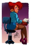 1female 1girl ass blue_eyes brown_hair chair clothed clothes clothing disney earrings female female_only footwear goof_troop hair linno long_sleeves looking_back milf non-nude peg_pete shirt shoes sitting skirt smile solo stockings uncensored