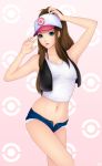 1girl adult arm_raised arm_up armpits bare_shoulders baseball_cap bikini_top blue_eyes breasts brown_hair cutoffs denim denim_shorts hand_on_head hat khalitzburg long_hair midriff navel no_panties older open_fly pink_background pokemon pokemon_(game) pokemon_black_and_white pokemon_bw ponytail see-through short_shorts shorts simple_background solo tank_top touko_(pokemon) trainer unzipped vest