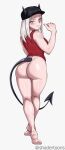 1girl ass big_ass bottomless demon_girl demon_tail female_butt_nudity female_nudity female_only hat helltaker horns justice_(helltaker) long_hair looking_back shadertoons solo_female standing tail thick_ass thick_thighs thighs white_hair