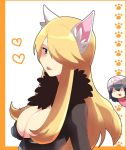 2girls alternate_costume animal_ears bad_id blonde_hair blue_eyes blue_hair breasts cleavage cynthia dawn hair_ornament hair_over_one_eye hikari_(pokemon) hiuna_hayami kemonomimi_mode long_hair multiple_girls pokemon pokemon_(game) pokemon_dppt shirona_(pokemon) winter_clothes