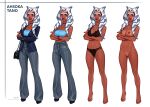 1girl 2022 ahsoka_tano alien alien_girl alien_humanoid areola arms_crossed armwear athletic_female barefoot big_lips bikini_tan blue_clothing blue_eyes bottomwear bra bracelet breasts character_sheet choker clothed clothed_female clothing completely_nude crossed_arms disney eyelashes eyes facial_markings feet female_only footwear front_view fully_clothed genitals handbag head_markings headband headgear high_heels high_res high_waisted_pants horn humanoid jeans jewelry lekku_(anatomy) lineup lipstick looking_at_viewer markings mom_jeans navel necklace neckwear nipples not_furry nude nude_female olena_minko open_eyes orange_body panties pants pussy shaved_pussy shirt shoes shoulder_bag signature simple_background star_wars star_wars_rebels suit suntan tan_body tan_line tentacle tentacle_hair tiptoes topwear tubetop underwear violet_lipstick white_background