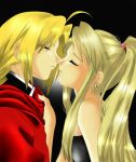 1boy 1girl antenna_hair arm arms art artist_request bare_shoulders blonde_hair clenched_teeth closed_eyes clothes_grab clothes_pull couple earrings edward_elric fullmetal_alchemist hoodie incipient_kiss long_hair love ponytail strapless teeth tubetop winry_rockbell