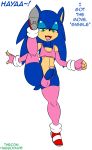 :3 blue_hair bulge crossdressing english_text erection furry girly green_eyes habbodude hair hedgehog looking_at_viewer male open_mouth penis sega sonic_(series) sonic_the_hedgehog text thecon