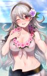  1girl absurd_res alluring alternate_costume asada_sadao bangs beach big_breasts bikini black_hairband blue_sky blush breasts cleavage cloud collarbone commentary corrin_(fire_emblem)_(female) corrin_(summer)_(fire_emblem)_(female) day fire_emblem fire_emblem_fates fire_emblem_heroes flower flower_necklace grey_hair hair_between_eyes hair_flower hair_ornament hairband high_res jewelry long_hair looking_at_viewer necklace nintendo ocean official_alternate_costume one_eye_closed open_mouth outside outstretched_arm pink_flower purple_flower reaching_out red_eyes sky smile stomach sunlight swimsuit teeth upper_body upper_teeth water wavy_hair wet white_bikini white_swimsuit 