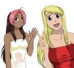 2_girls arm arms art artist_request bare_shoulders blonde_hair blue_eyes brown_hair dark_skin dress female fullmetal_alchemist happy long_hair looking_at_viewer multiple_girls open_mouth pink_hair ponytail purple_eyes rose_thomas rose_tomas smile strapless strapless_dress two-tone_hair v winry_rockbell