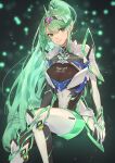 1girl alluring armor big_breasts black_gloves bodysuit chest_jewel cleavage earrings elbow_gloves fadingz floating_earring gloves green_eyes green_hair high_res invisible_chair jewelry leg_armor leotard leotard_under_clothes long_hair looking_at_viewer nintendo pixiv_id pneuma_(xenoblade) ponytail see-through see-through_leotard shoulder_armor signature simple_background sitting smile star_(symbol) star_earrings swept_bangs tiara two-tone_gloves very_long_hair white_bodysuit white_gloves wrist_guards xenoblade_(series) xenoblade_chronicles_2