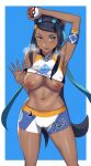  1girl 1girl :p abs alternate_breast_size areola arm_up armpits big_breasts black_hair blue_background blush bracelet breasts breath clothed clothed_female dark-skinned_female dark_skin devilukez earrings eye_contact female_focus gym_leader heavy_breathing high_resolution holding holding_object holding_poke_ball hoop_earrings human inverted_nipples jewelry long_hair looking_at_viewer mature mature_female medium_breasts multicolored_hair navel necklace nessa_(pokemon) nintendo nipples one_arm_up poke_ball pokemon pokemon_ss shirt shirt_lift solo_female solo_focus source_request spats sportswear steam tagme tank_top text thigh_gap tongue tongue_out two-tone_hair video_game_character video_game_franchise white_border 