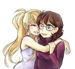  2girls arm arm_grab arms art artist_request blonde_hair blush brown_eyes brown_hair camisole cheek-to-cheek closed_eyes fullmetal_alchemist glasses hair happy hugging long_hair love multiple_girls open_mouth ponytail sheska short_hair smile sweater wince winry_rockbell yuri 