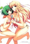  2girls arm arms artist_request bare_shoulders barefoot big_breasts bikini blonde_hair blue_eyes blush breast_press breasts choker cleavage female game_cg green_hair hand_holding happy holding hugging interlocked_fingers legs long_hair looking_at_viewer macross macross_frontier microphone midriff multiple_girls necklace open_mouth ranka_lee red_eyes ribbon scan sheryl_nome short_hair side-tie_bikini sideboob singing small_breasts smile swimsuit torso_grab yuri 