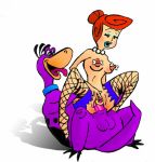 beastiality big_breasts breasts clitoris_piercing dino fishnet_stockings fishnets fucking hair nipple_piercing penetration pierced piercing red_hair redhead reverse_cowgirl_position the_flintstones wilma_flintstone