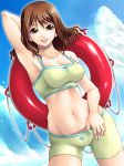  1girl armpits bikini brown_eyes brown_hair cameltoe cissnei crisis_core_final_fantasy_vii final_fantasy final_fantasy_vii groin happy innertube midriff mound_of_venus sky solo swimsuit yaso_shigeru 