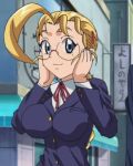 :3 anime big_breasts blonde_hair bouncing_breasts breasts cute furinji_miu gif glasses hair_ornament history's_strongest_disciple_kenichi huge_breasts jiggle light-skinned_female light_blue_eyes long_hair loop miu_furinji mole mole_(marking) mole_under_eye ponytail schoolgirl shijou_saikyou_no_deshi_ken'ichi shijou_saikyou_no_deshi_kenichi smile strongest_disciple_kenichi teen