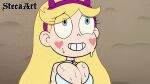 1girl 1girl 1girl bean_smile blonde_female blonde_hair blue_eyes cleavage collar cum cum_on_breasts cum_on_face disney disney_channel edit female_only hairband heart_cheeks horns_hairband light_skin long_hair looking_up smile solo_female star_butterfly star_vs_the_forces_of_evil steca thelazyart tight_clothing