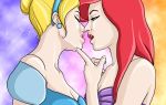 2_girls bare_shoulders blonde_hair blue_dress blue_eyes breasts cinderella cleavage clenched_teeth closed_eyes crossover disney dress hair_up half-closed_eyes incipient_kiss lips lipstick long_hair love makeup multiple_girls mutual_yuri neck open_mouth parted_lips pink_lipstick princess princess_ariel princess_cinderella red_hair red_lipstick round_teeth teeth the_little_mermaid yuri