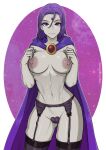  1female big_breasts bindi cape dc_comics erect_nipples fit_female garter_belt looking_at_viewer nipple_bulge nipples purple_eyes purple_lips raven_(dc) redjet seductive_look short_hair solo_female stockings teen_titans topless witch 