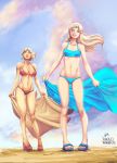 2_girls 2girls anotherartistmore_(artist) beach beach_towel big_breasts bikini blonde_hair blue_bikini blue_eyes breasts cleavage closed_eyes dc dc_comics female_only hair highres kara_zor-el kara_zor-l kryptonian lipstick long_hair makeup multiple_girls navel paolo_barrios paulo_barrios platform_footwear platform_heels power_girl red_bikini sandals short_hair small_breasts smile supergirl superman_(series) swimsuit toes toned towel underboob