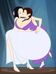  2_girls asian asian_female black_hair breast_grab brown_hair closed_eyes female_only gigantic_breasts kissing pregnant pregnant_belly pregnant_female saburox single_braid yuri 