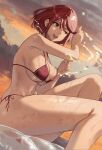  1girl 2021 alluring bangs bare_legs big_breasts bikini bob_cut breasts cleavage clothed clothed_female female_focus female_only floatie high_res hips j@ck nintendo outside patreon patreon_paid patreon_reward pyra red_bikini red_eyes red_hair short_hair side-tie_bikini sitting solo_female solo_focus splashing sunset swept_bangs swimsuit thick_thighs thighs video_game_character video_game_franchise water wet wide_hips xenoblade_(series) xenoblade_chronicles_2 