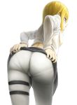 1girl ass attack_on_titan blonde_hair blue_eyes christa_renz huge_ass jeans kyokucho large_ass open_mouth pants pantylines round_ass shingeki_no_kyojin shirt short_hair simple_background solo thigh_strap white_background white_shirt