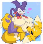  1girl big_breasts blush cum cum_on_breasts cum_on_face digimon digimon_tamers engulfing_paizuri female_renamon fox hearts imp impmon love male paizuri renamon snappygrey vixen 