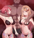 1boy 2_girls abs alluring bangs bare_shoulders big_breasts bikini black_bikini blonde_hair blush breast_grab breasts cleavage commentary_request condom condom_belt dark-skinned_male dark_skin earrings erection erection_under_clothes eruu grabbing grin high_res interracial jewelry long_hair male male/female multiple_girls muscle mythra netorare nintendo nipples one_breast_out out_of_frame pyra red_hair short_hair sidelocks smile standing stomach sweat swept_bangs swimsuit tiara underwear used_condom video_game_character video_game_franchise xenoblade_(series) xenoblade_chronicles_2