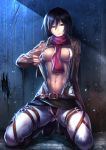 1girl abs attack_on_titan belt black_eyes black_hair black_panties blush breasts denim expressionless female jeans mikasa_ackerman nipples open_clothes panties pants scarf shiny shiny_skin short_hair solo tani_(aki2672) thigh_strap three-dimensional_maneuver_gear underwear