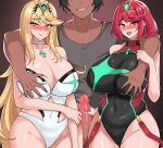  1boy 2021 2_girls action_lines bangs big_breasts black_hair black_swimsuit blonde_hair blush breasts censored choker cleavage cleavage_cutout clothed clothed_female clothed_male colored core_crystal dark-skinned_male dark_skin drogod_(artist) dual_persona earrings faceless_male ffm_threesome fully_clothed gold_eyes groping groping_breasts groping_from_behind group_sex hair_ornament handjob highleg_swimsuit hips human large_penis long_hair male male/female mosaic_censoring multiple_girls mythra nintendo one-piece_swimsuit open_mouth penis pyra_(xenoblade) red_eyes red_hair shiny_skin short_hair shy simple_background smile straight submissive_female suspenders suspenders_hanging swept_bangs swimsuit thick_thighs thigh_gap thighs threesome tiara tight_clothing very_long_hair video_game_character video_game_franchise white_choker white_swimsuit wide_hips wip xenoblade_(series) xenoblade_chronicles_2 