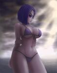  1female 1girl big_breasts bikini breasts cleavage dc_comics detailed_background female_only front_view hand_on_arm huge_breasts koriand&#039;r looking_at_side looking_at_viewer ocean pinup purple_bikini purple_bra purple_eyebrows purple_eyes purple_hair purple_panties purple_skin purple_swimsuit rachel_roth raven_(dc) saf-404 safartwoks safartworks serious_look short_hair side_view swimsuit teen_titans wide_hips widescreen 