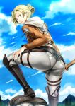 1girl annie_leonhart ass attack_on_titan bad_id big_ass blonde_hair blue_eyes boots cameltoe cloud cov3r emma_201 female hood hoodie huge_ass jacket looking_back pantylines short_hair skin_tight sky