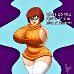  artist_signature freckles glasses hanna-barbera huge_breasts scooby-doo stockings supermoonshroom sweater thighs velma_dinkley virgin_killer_sweater 