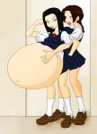  2_girls asian asian_female black_eyes black_hair blue_eyes brown_hair female_only pregnant pregnant_belly pregnant_female saburox school_uniform twin_tails yuri 