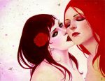  2girls artist_request bare_shoulders black_hair cheek_kiss closed_eyes eyeshadow green_eyes hair hair_flower hair_ornament kiss kissing lips lipstick long_hair looking_at_viewer love multiple_girls mutual_yuri neck nude open_mouth red_hair redhead upper_body yuri 