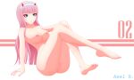 alluring areola ass axel_r. barefoot big_breasts blue_eyes breasts completely_nude darling_in_the_franxx hand_on_knee high_res horns legs long_hair nipples nude pink_hair pussy smile thick_thighs thighs voluptuous zero_two_(darling_in_the_franxx)