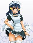 1girl blue_eyes blue_hair clothed creatures_(company) dawn_(pokemon) dress dress_lift female female_human female_only game_freak hat hikari_(pokemon) human humans_of_pokemon looking_at_viewer maid maid_apron maid_headdress maid_outfit maid_uniform nintendo panties pantyshot pantyshot_(standing) pokemon pokemon_(anime) pokemon_(game) pokemon_black_and_white pokemon_bw pokemon_dppt solo standing stockings