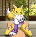 big_breasts black_sclera blue_eyes breast_hold breast_lick breast_lift cum_in_pussy cum_inside digimon fox fox_ears fox_tail furry girl_on_top nipples renamon tail tuft wink winking yellow_fur