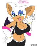 anthro bat big_breasts blue_eyes breasts cleavage english_text female gloves habbodude hair michiyoshi navel open_mouth plain_background rouge_the_bat sega smile solo sonic_(series) text white_background white_hair wings