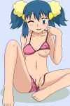 1girl bad_id barefoot bikini blue_hair breasts dawn feet hikari_(pokemon) kuro_hopper kusakabe330 nipple_slip nipples oekaki one_eye_closed pokemon pussy side-tie_bikini solo spread_legs string_bikini swimsuit uncensored undressing wink