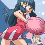 1boy 1girl alternate_costume awa bare_arms blue_eyes blue_hair brock cheerleader cheerleader_outfit cheerleader_uniform clothed dawn dawn_(pokemon) female female_human from_below hikari_(pokemon) human long_hair lowres male male_human pokemon pokemon_(anime) pom_poms skirt sleeveless takeshi_(pokemon)