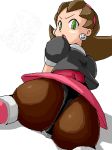  1girl :o ass black_panties brown_hair capcom crotch_plate earrings from_behind green_eyes hairband huge_ass isu jewelry kobun lowres megaman_legends oekaki panties pantyhose rockman rockman_dash sitting surprised thong tron_bonne underwear 