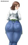  1girl 1girl 2021 artist_name ass ass_focus big_ass big_breasts blue_jeans box_wonderland breasts brown_hair clothed_female dat_ass female_focus female_only jeans kousaka_honoka&#039;s_mother looking_away love_live! mature mature_female milf milf pants shirt short_hair simple_background solo_female solo_focus standing tight_jeans tight_pants white_background white_shirt 