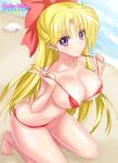 1_girl 1girl aino_minako alluring beach big_breasts bikini bishoujo_senshi_sailor_moon blonde blonde_hair blue_eyes breasts eyebrows_visible_through_hair female female_only hair_bow long_blonde_hair long_hair looking_at_viewer micro_bikini minako_aino nude outdoor outside red_bikini sailor_moon sailor_venus sailormoonpixxx solo