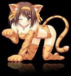 1_girl ;3 all_fours artist_request bare_shoulders bell bent_over blush breasts brown_eyes brown_hair cat_ears cat_girl cat_gloves cat_pose cat_tail cleavage collar female gloves hairband haruhi_suzumiya jingle_bell kneel looking_at_viewer midriff paw_gloves paw_pose reflection short_hair solo stockings suzumiya_haruhi suzumiya_haruhi_no_yuuutsu tail tiger_print tiger_stripes wink